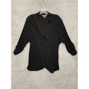 TANJAY Large (L) Black Stretch Open Front Jacket Coat Shawl Cinched Sleeves